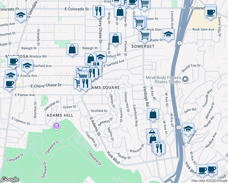 map of restaurants, bars, coffee shops, grocery stores, and more near 1337 East Palmer Avenue in Glendale
