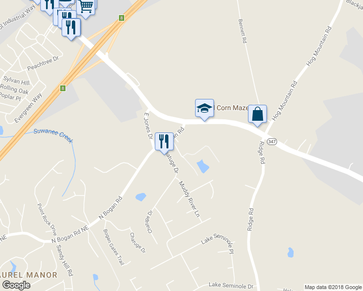 map of restaurants, bars, coffee shops, grocery stores, and more near 3813 North Bogan Road in Buford