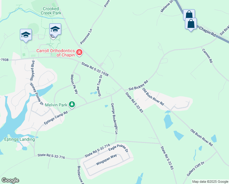 map of restaurants, bars, coffee shops, grocery stores, and more near 107 Fairview Park Drive in Chapin