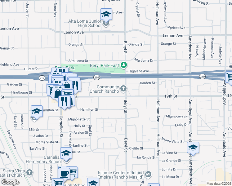map of restaurants, bars, coffee shops, grocery stores, and more near 8990 19th Street in Rancho Cucamonga
