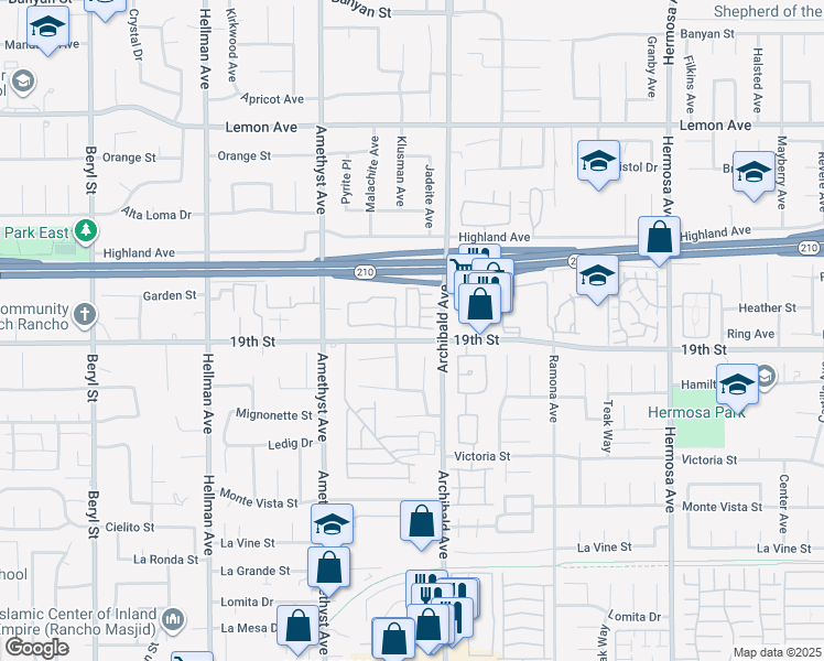map of restaurants, bars, coffee shops, grocery stores, and more near 6681 Brighton Place in Rancho Cucamonga