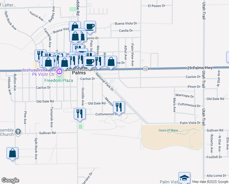 map of restaurants, bars, coffee shops, grocery stores, and more near 6688 National Park Drive in Twentynine Palms