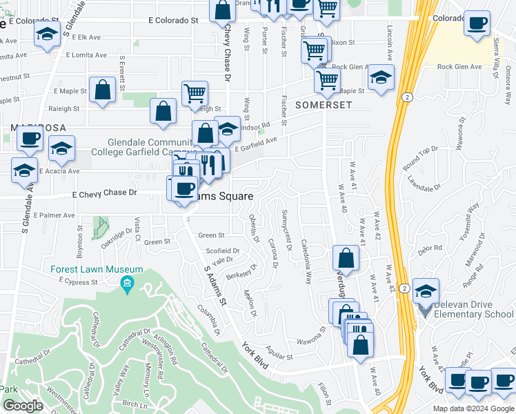 map of restaurants, bars, coffee shops, grocery stores, and more near 1337 East Palmer Avenue in Glendale