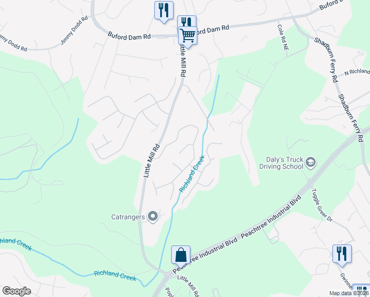 map of restaurants, bars, coffee shops, grocery stores, and more near Barnett West Court Northeast in Buford