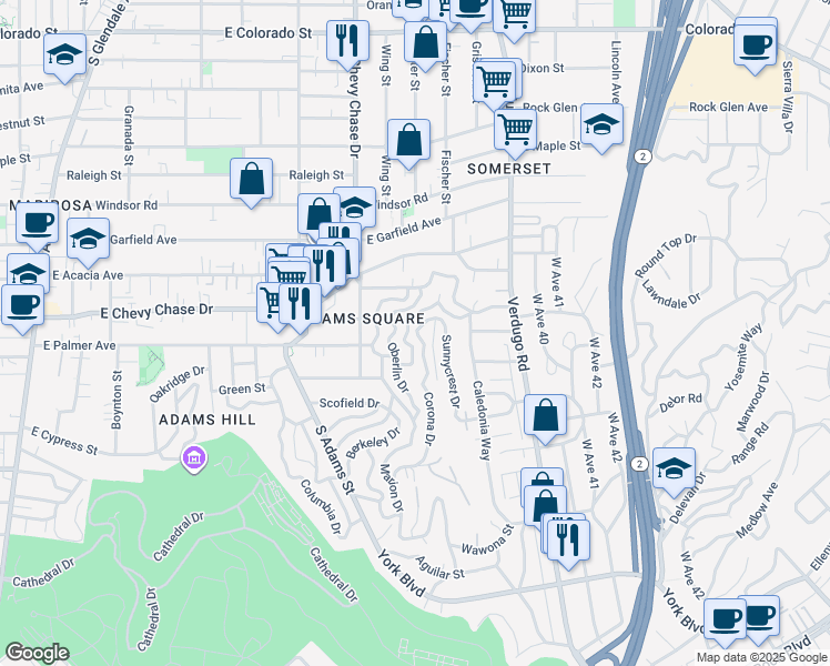 map of restaurants, bars, coffee shops, grocery stores, and more near 1227 Corona Drive in Glendale