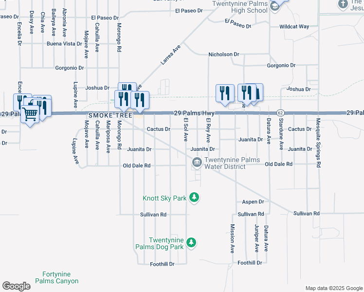 map of restaurants, bars, coffee shops, grocery stores, and more near El Sol Avenue in Twentynine Palms