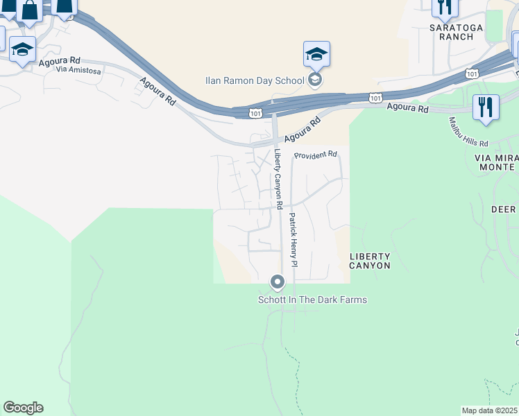 map of restaurants, bars, coffee shops, grocery stores, and more near 27472 Country Glen Road in Agoura Hills