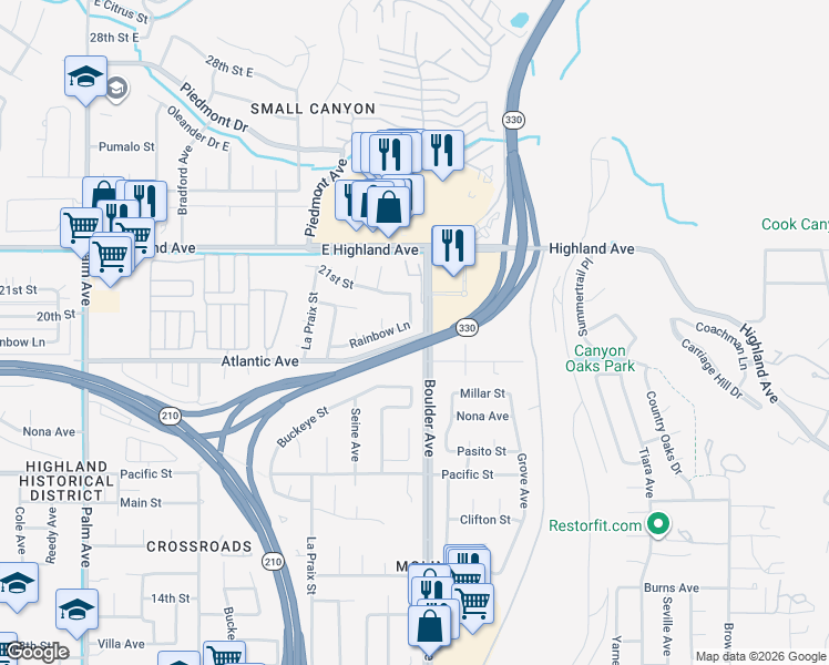 map of restaurants, bars, coffee shops, grocery stores, and more near 27875 Rainbow Lane in Highland