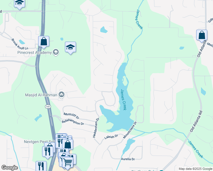 map of restaurants, bars, coffee shops, grocery stores, and more near 1435 Harburn Court in Cumming