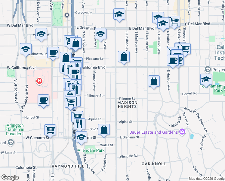 map of restaurants, bars, coffee shops, grocery stores, and more near 737 South Los Robles Avenue in Pasadena