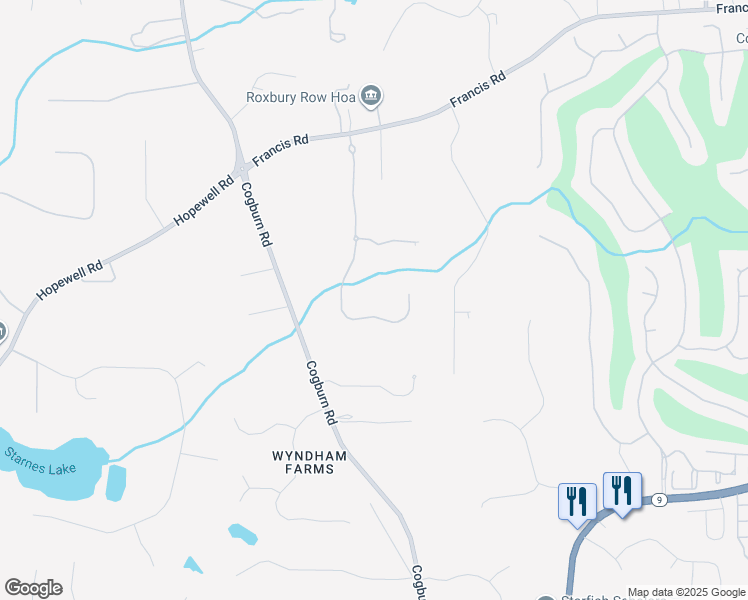 map of restaurants, bars, coffee shops, grocery stores, and more near 14627 Timber Point in Alpharetta