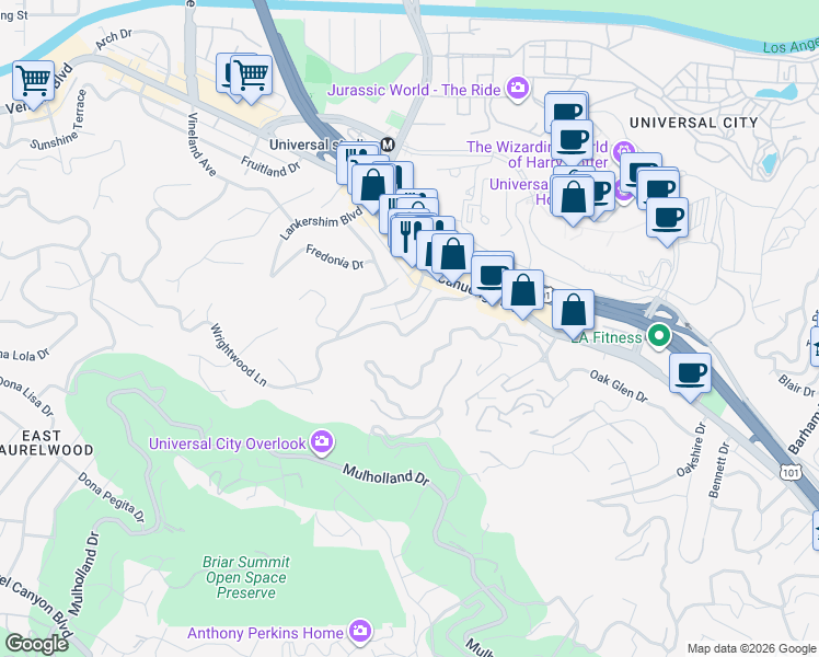 map of restaurants, bars, coffee shops, grocery stores, and more near 3690 Fredonia Drive in Los Angeles
