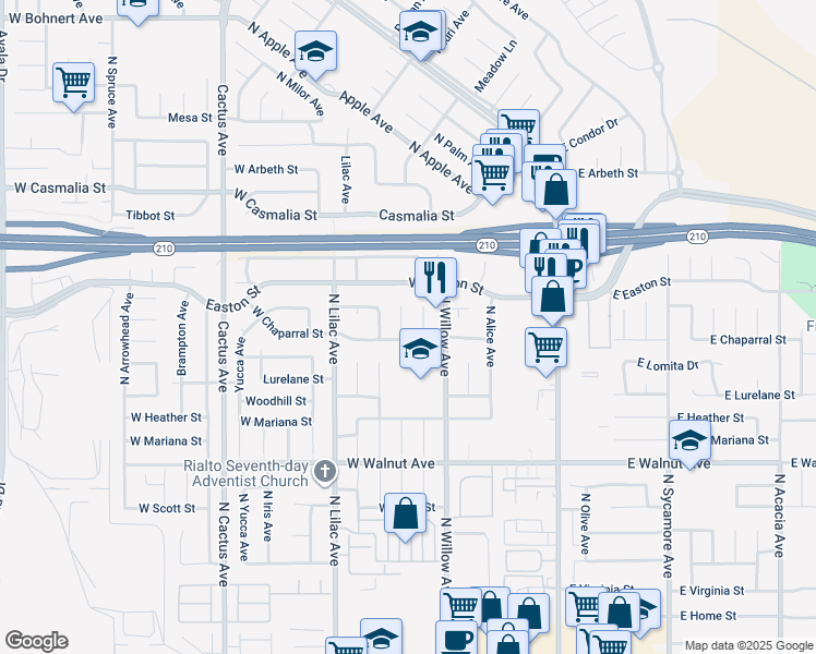 map of restaurants, bars, coffee shops, grocery stores, and more near 1839 North Millard Avenue in Rialto