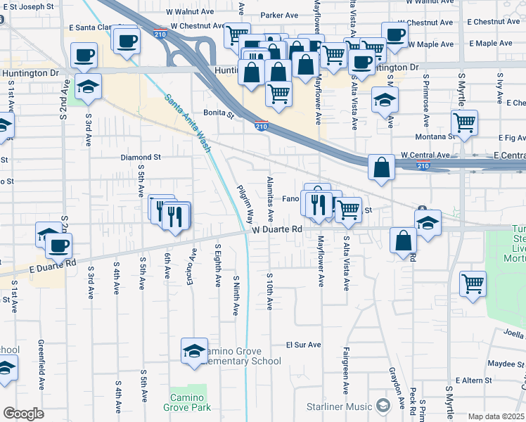 map of restaurants, bars, coffee shops, grocery stores, and more near 1719 Alamitas Avenue in Monrovia