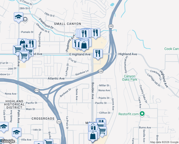 map of restaurants, bars, coffee shops, grocery stores, and more near 27875 Rainbow Lane in Highland
