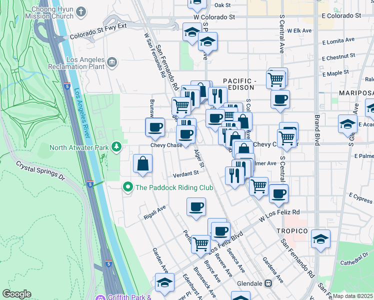 map of restaurants, bars, coffee shops, grocery stores, and more near 4168 Willimet Avenue in Los Angeles