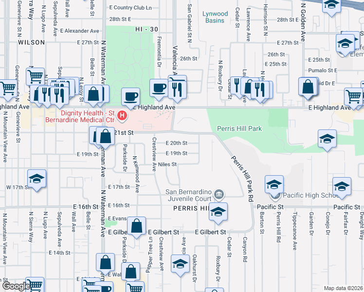 map of restaurants, bars, coffee shops, grocery stores, and more near 721 East 20th Street in San Bernardino