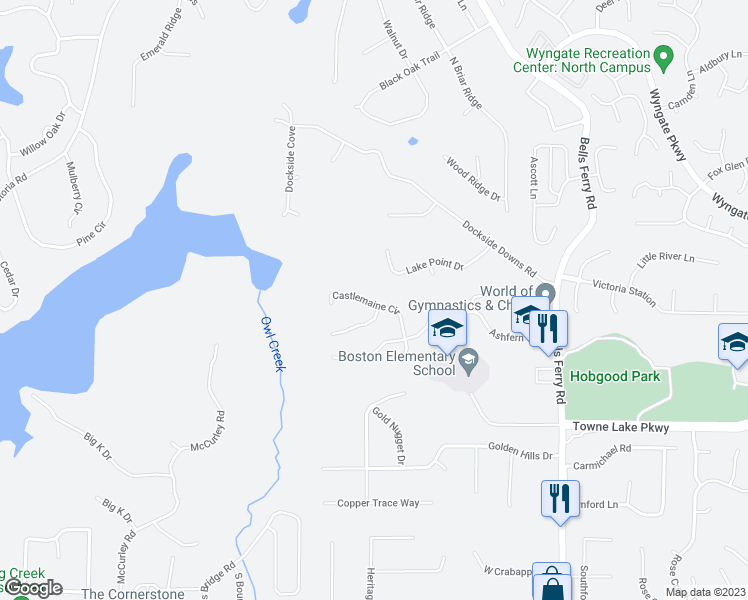 map of restaurants, bars, coffee shops, grocery stores, and more near 2026 Castlemaine Circle in Woodstock