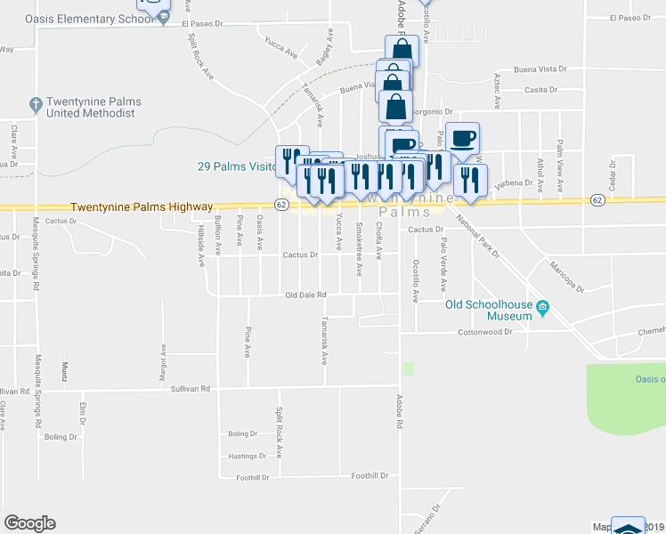 map of restaurants, bars, coffee shops, grocery stores, and more near 6673 Tamarisk Avenue in Twentynine Palms