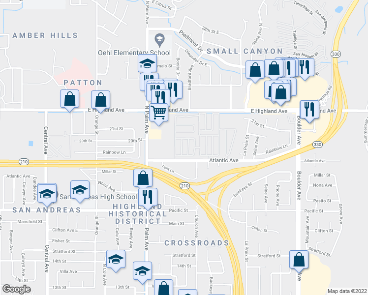 map of restaurants, bars, coffee shops, grocery stores, and more near 3795 Atlantic Avenue in Highland