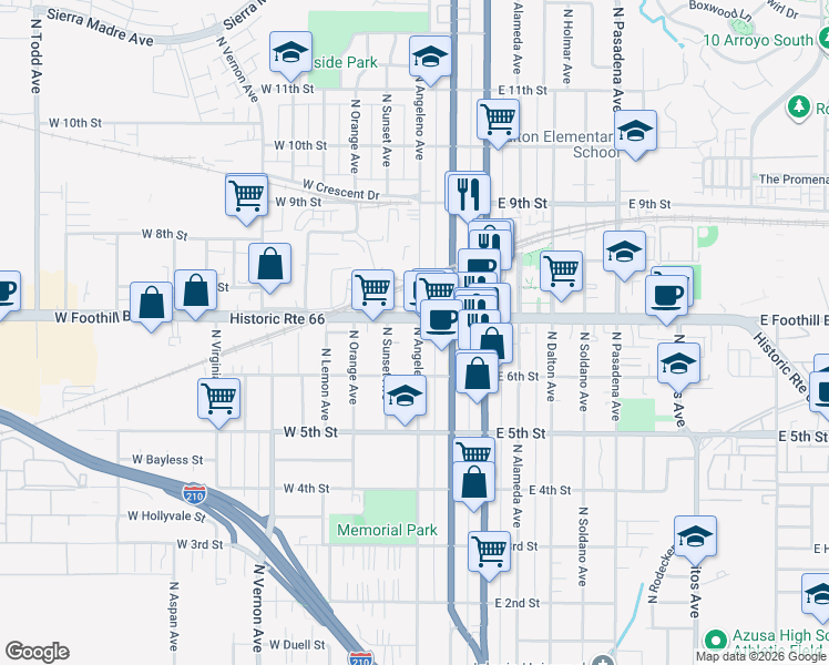 map of restaurants, bars, coffee shops, grocery stores, and more near 621 North Angeleno Avenue in Azusa