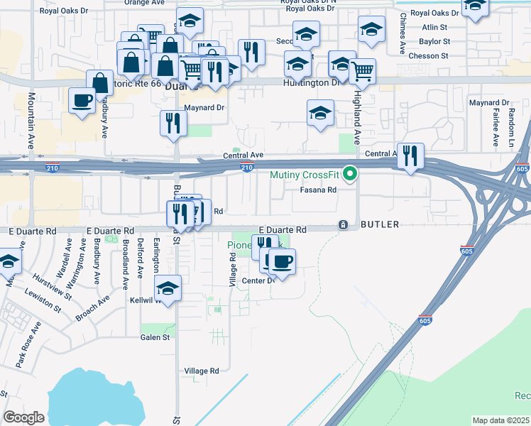 map of restaurants, bars, coffee shops, grocery stores, and more near 1528 3 Ranch Road in Duarte