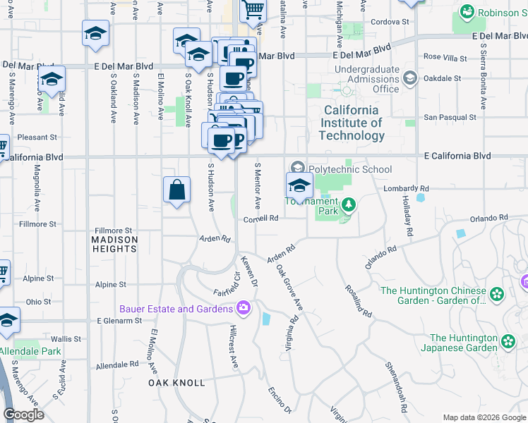 map of restaurants, bars, coffee shops, grocery stores, and more near 940 Cornell Road in Pasadena