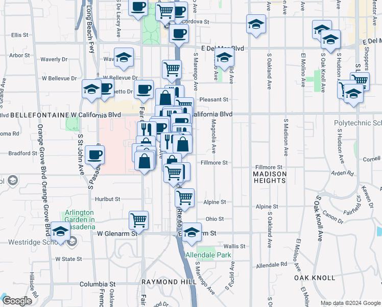 map of restaurants, bars, coffee shops, grocery stores, and more near 773 South Marengo Avenue in Pasadena