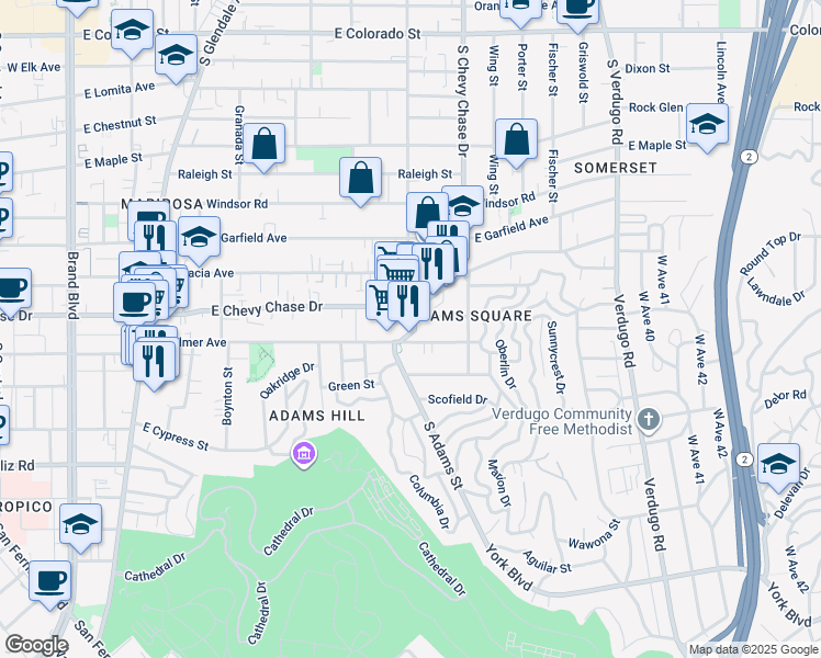map of restaurants, bars, coffee shops, grocery stores, and more near 1022 East Palmer Avenue in Glendale