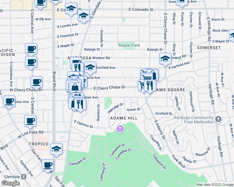 map of restaurants, bars, coffee shops, grocery stores, and more near 704 East Palmer Avenue in Glendale