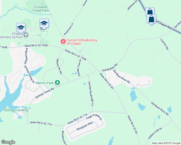 map of restaurants, bars, coffee shops, grocery stores, and more near 107 Fairview Park Drive in Chapin