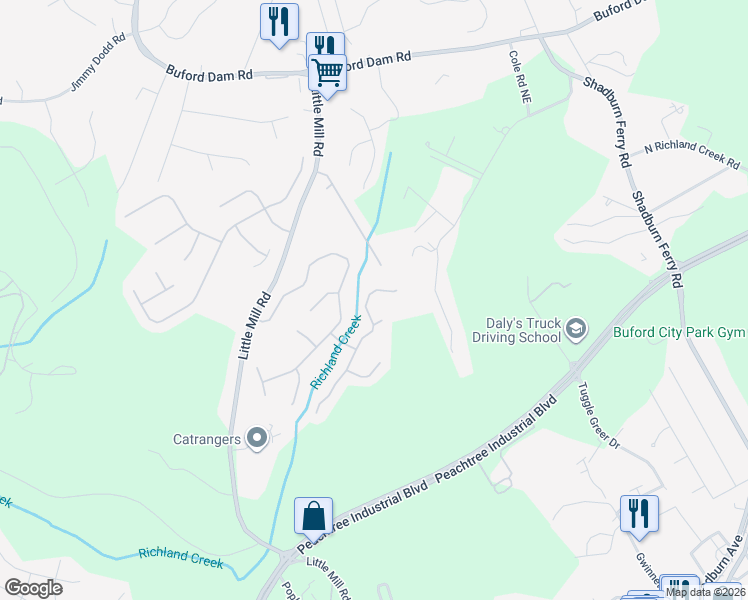 map of restaurants, bars, coffee shops, grocery stores, and more near 5611 Skylar Creek Lane Northeast in Buford