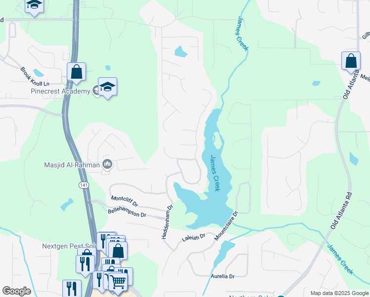 map of restaurants, bars, coffee shops, grocery stores, and more near 1435 Harburn Court in Cumming