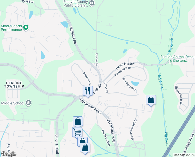 map of restaurants, bars, coffee shops, grocery stores, and more near 600 Union Hill Road in Alpharetta
