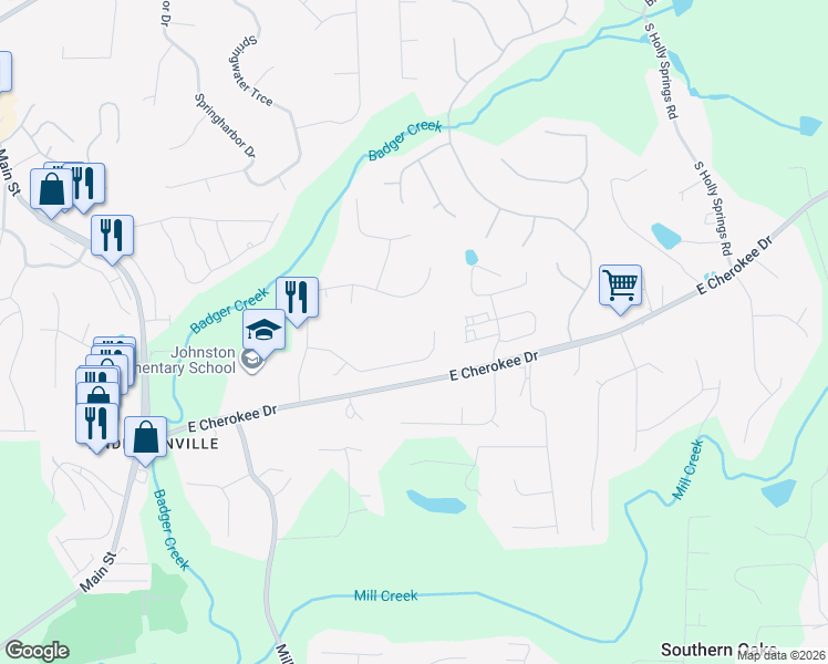 map of restaurants, bars, coffee shops, grocery stores, and more near 221 Allison Drive in Woodstock