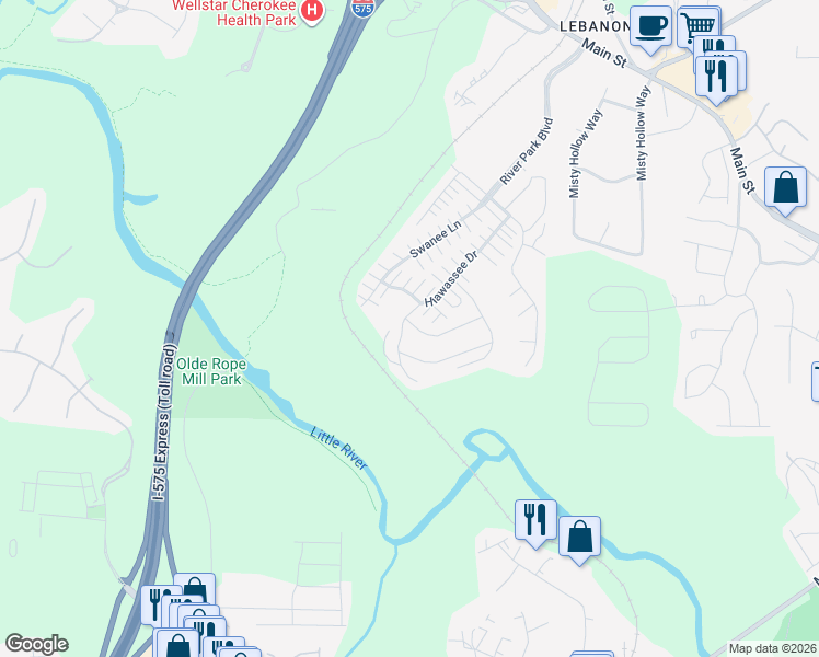 map of restaurants, bars, coffee shops, grocery stores, and more near 402 Chatooga Lane in Woodstock