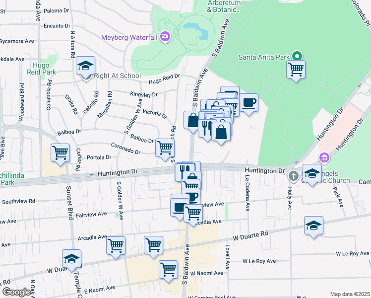 map of restaurants, bars, coffee shops, grocery stores, and more near 627 South Baldwin Avenue in Arcadia