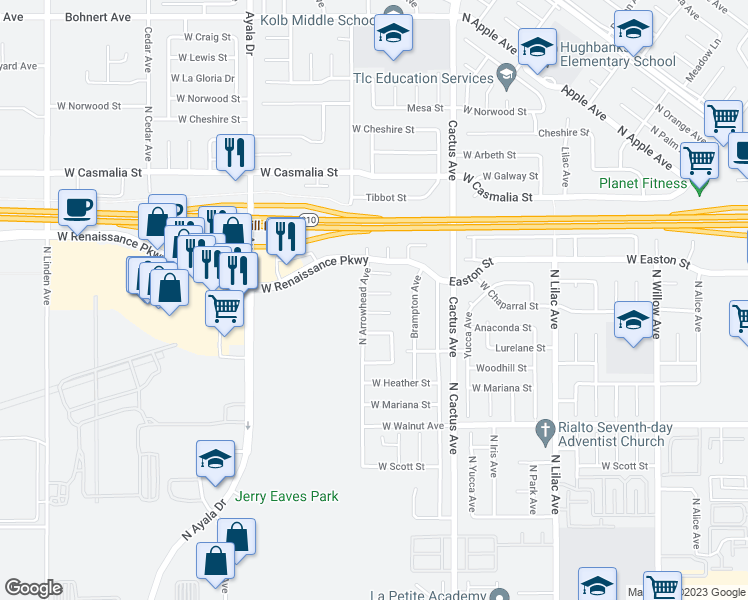 map of restaurants, bars, coffee shops, grocery stores, and more near 857 West Chaparral Street in Rialto