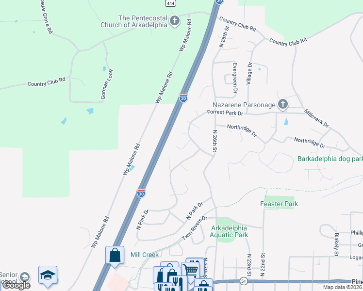 map of restaurants, bars, coffee shops, grocery stores, and more near 5 Ivy Circle in Arkadelphia