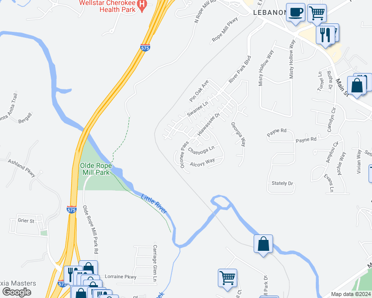 map of restaurants, bars, coffee shops, grocery stores, and more near 402 Chatooga Lane in Woodstock