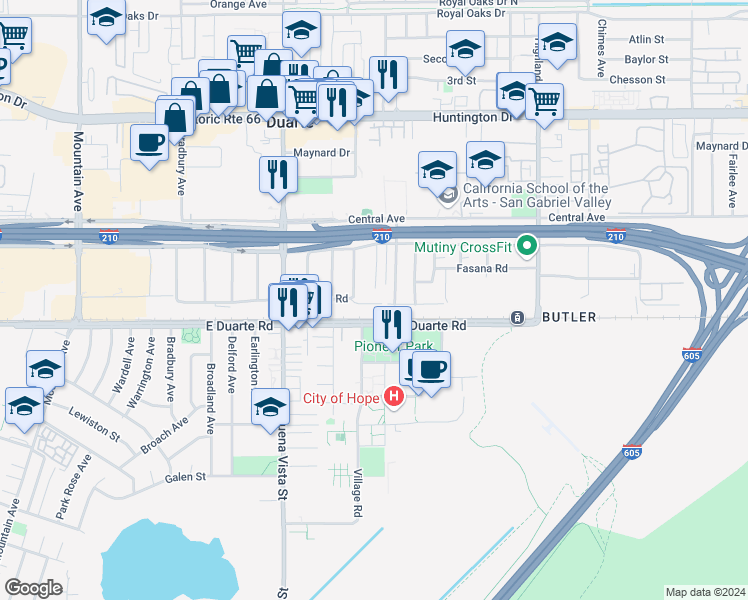 map of restaurants, bars, coffee shops, grocery stores, and more near 1455 3 Ranch Road in Duarte