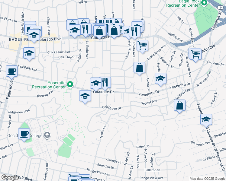 map of restaurants, bars, coffee shops, grocery stores, and more near 1591 Yosemite Drive in Los Angeles