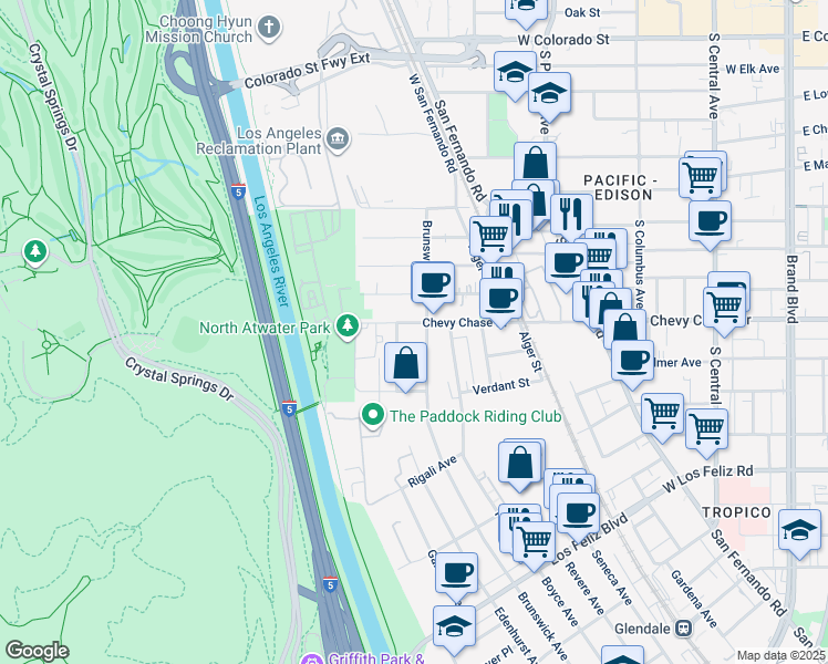 map of restaurants, bars, coffee shops, grocery stores, and more near 4409 Brunswick Avenue in Los Angeles