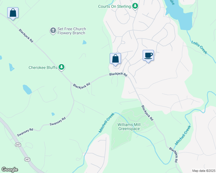 map of restaurants, bars, coffee shops, grocery stores, and more near 5966 Blackjack Road in Flowery Branch
