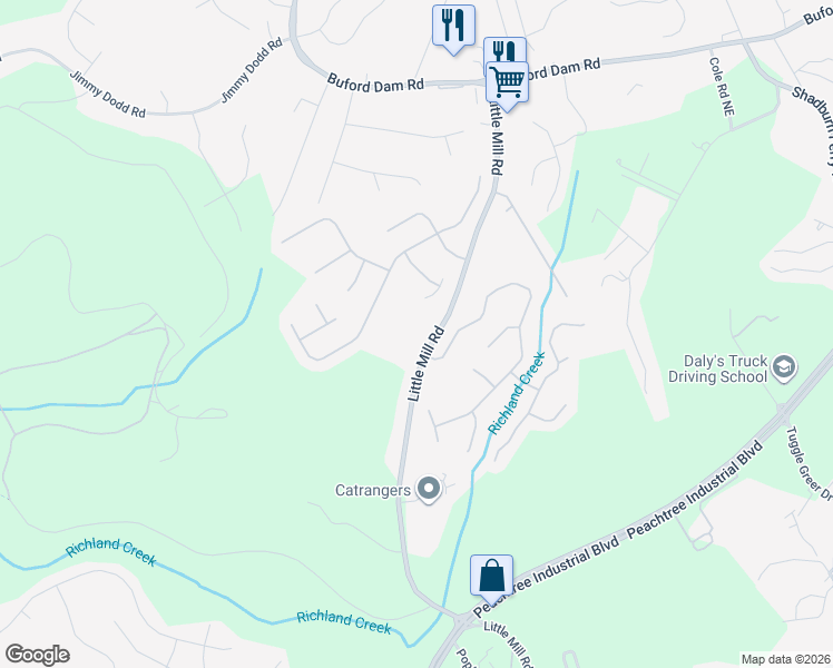 map of restaurants, bars, coffee shops, grocery stores, and more near 5548 Little Mill Road in Buford