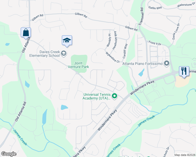 map of restaurants, bars, coffee shops, grocery stores, and more near 3660 Crowchild Drive in Cumming