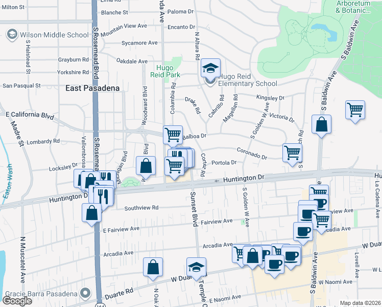 map of restaurants, bars, coffee shops, grocery stores, and more near 700 Sunset Boulevard in Arcadia