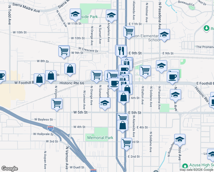 map of restaurants, bars, coffee shops, grocery stores, and more near 621 North Angeleno Avenue in Azusa