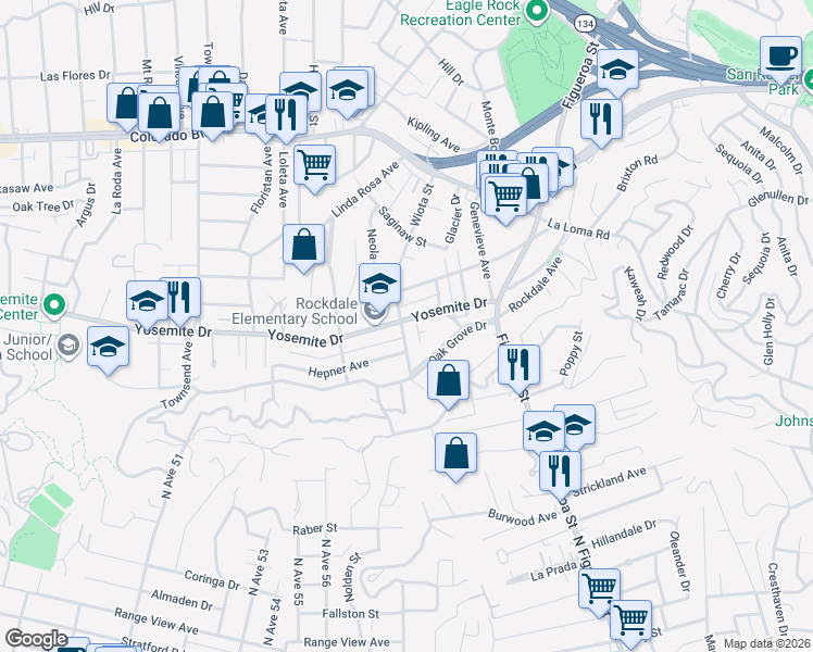 map of restaurants, bars, coffee shops, grocery stores, and more near 4764 Wiota Street in Los Angeles