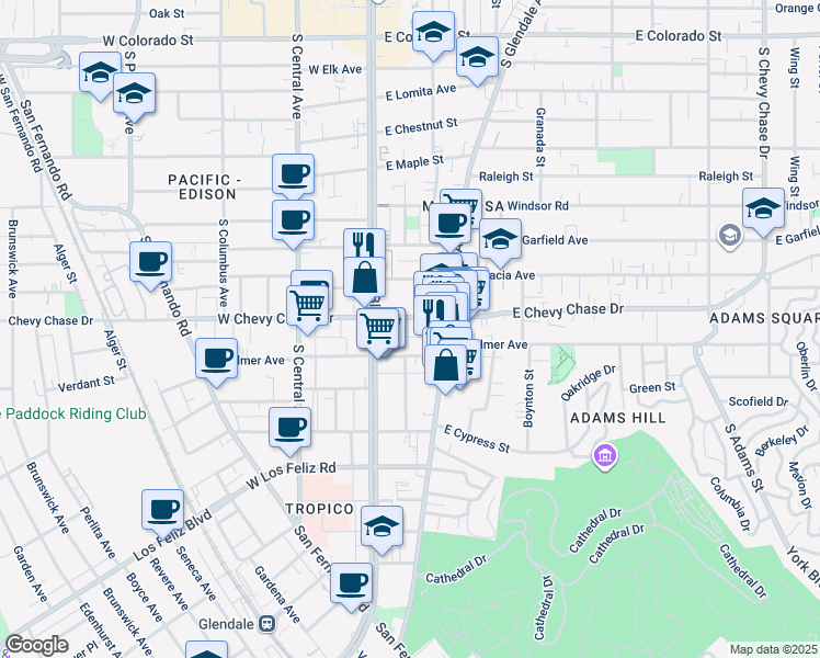 map of restaurants, bars, coffee shops, grocery stores, and more near 119 East Palmer Avenue in Glendale
